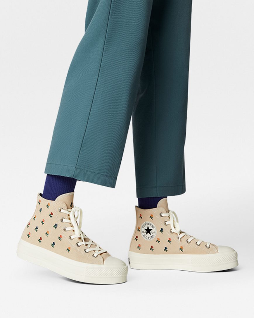 Women's Converse Chuck Taylor All Star Lift Embroidered Roses High Top Platform Shoes Beige | AU 950E6I